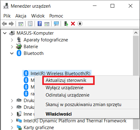 Podłączenie EMG aktualizacja sterownika Bluetooth